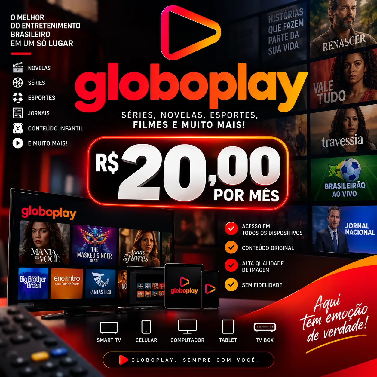 Banner Globoplay: novelas, séries, esportes e jornais