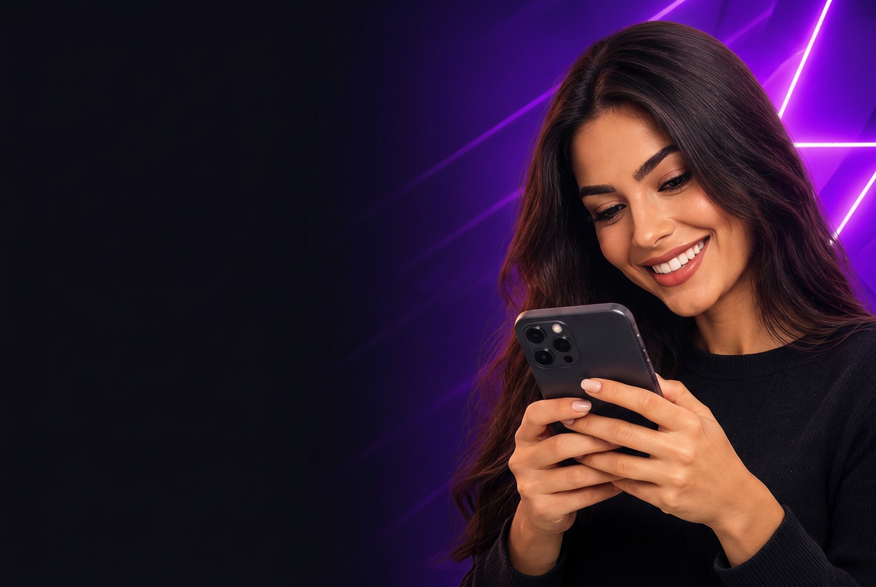 Mulher sorrindo enquanto usa o celular, com luzes violetas ao fundo
